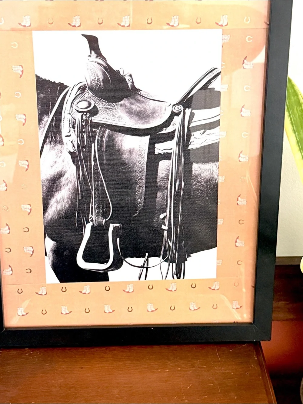 Saddle Horse Western Black & White Canvas Art Print Rodeo Cowboy Black Framed